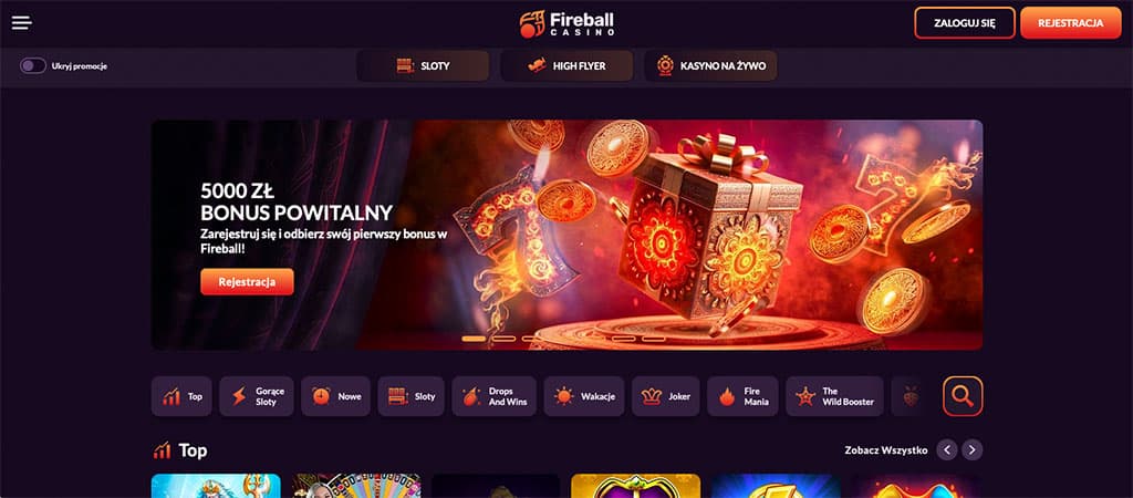 Strona główna kasyna Fireball Casino, baner z bonusem powitalnym, menu, logowanie, rejestracja, sekcja gier, ikony