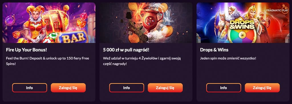 Pola z bonusem w kasynie Fireball Casino, promocja Fire Up Your Bonus, turniej 5000 zł w puli nagród, promocja Drops & Wins
