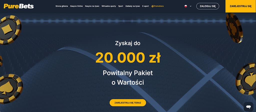 strona główna kasyna online, oferta powitalna do 20 000 zł, żetony kasynowe, żółte przyciski, nowoczesny design