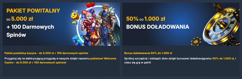 bonusy kasynowe, pakiet powitalny do 5000 zł i 100 darmowych spinów, bonus doładowania 50% do 1000 zł, postacie z gier