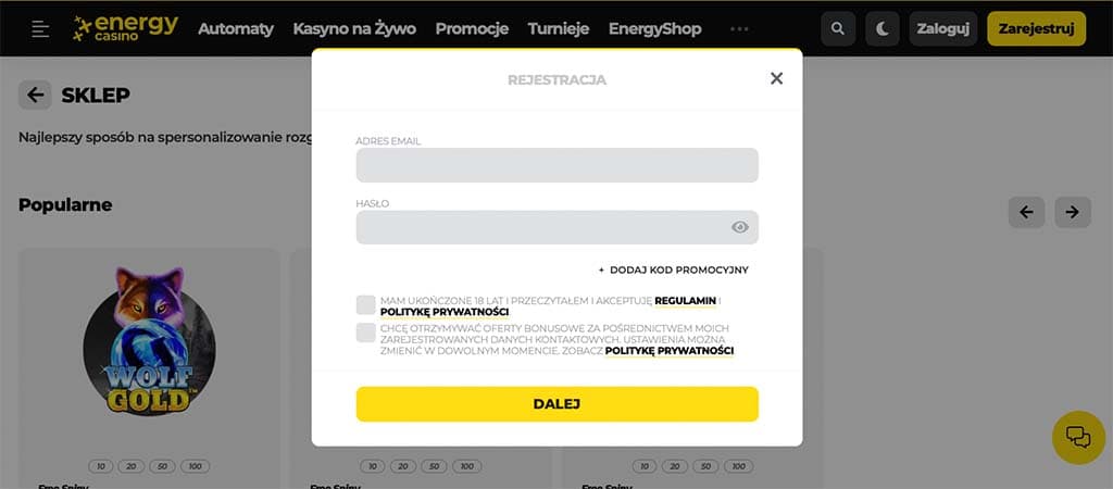 Energy Casino, online casino, Założenie konta