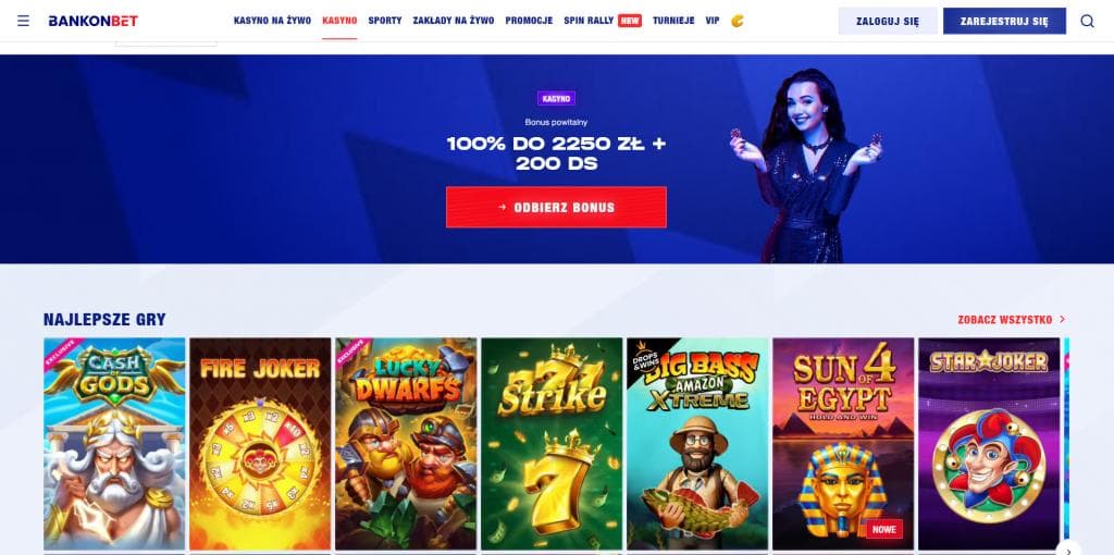 BankonBet logo, menu (kasyno, kasyno na żywo, sporty), baner bonus 100% do 2250 zł + 200 DS, przycisk odbierz bonus, gry