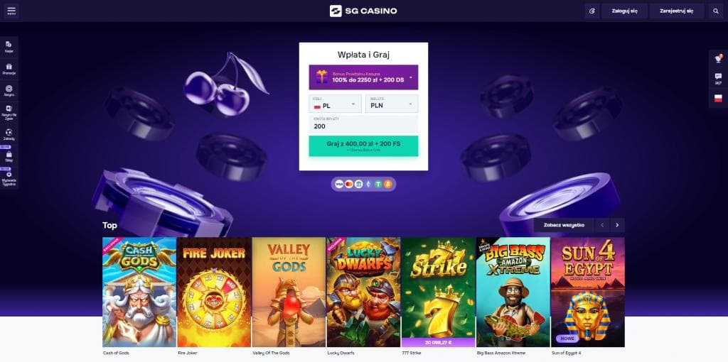 SG Casino strona główna, fioletowe tło, wirujące żetony, ikona wiśni, panel wpłaty, miniaturki gier, Cash of Gods, Fire Joker