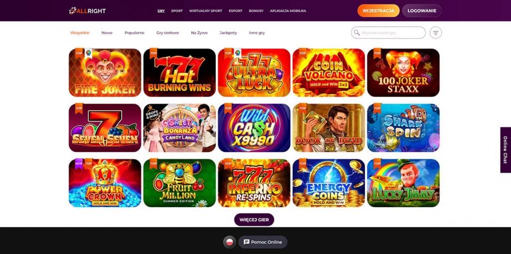 All Right Casino, gry kasynowe, automaty online, popularne sloty, klasyczne gry, Hot 777, Book of Dead, Sweet Bonanza