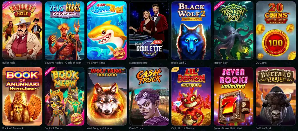 siatka slotów, Bullet Hole, Zeus vs Hades, It's Shark Time, Mega Roulette, Black Wolf 2, Kraken Bay, 20 Coins
